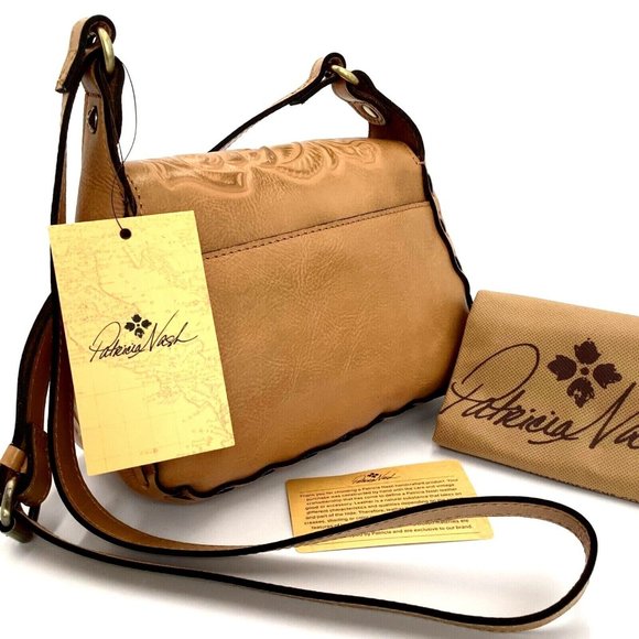 Patricia Nash Lucia Crossbody Shoulder Bag Tooled Biscuit Tan Leather NWT $189 - Picture 3 of 5